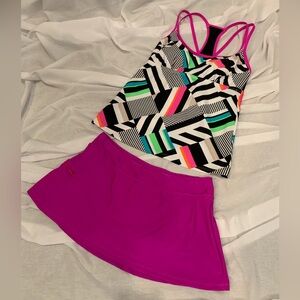 New Kinesis 2pc top/skort set, multi color with hot pink accents, women’s small
